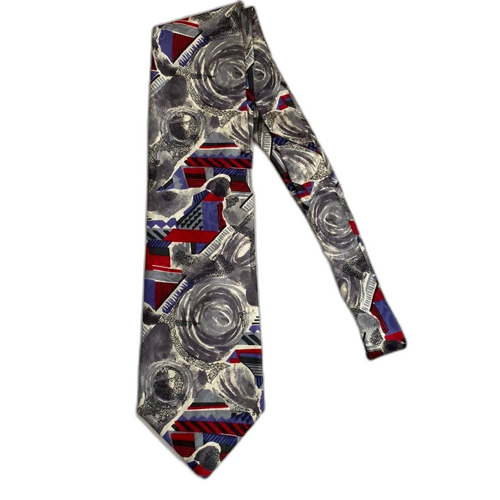 Geoffrey Beene 100% Silk Tie Red Blue Gray Abstract Print